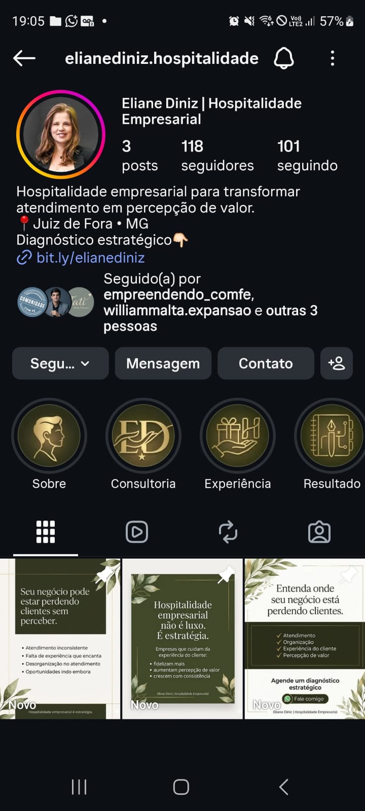 Perfil profissional reposicionado de Eliane Diniz — Hospitalidade Empresarial